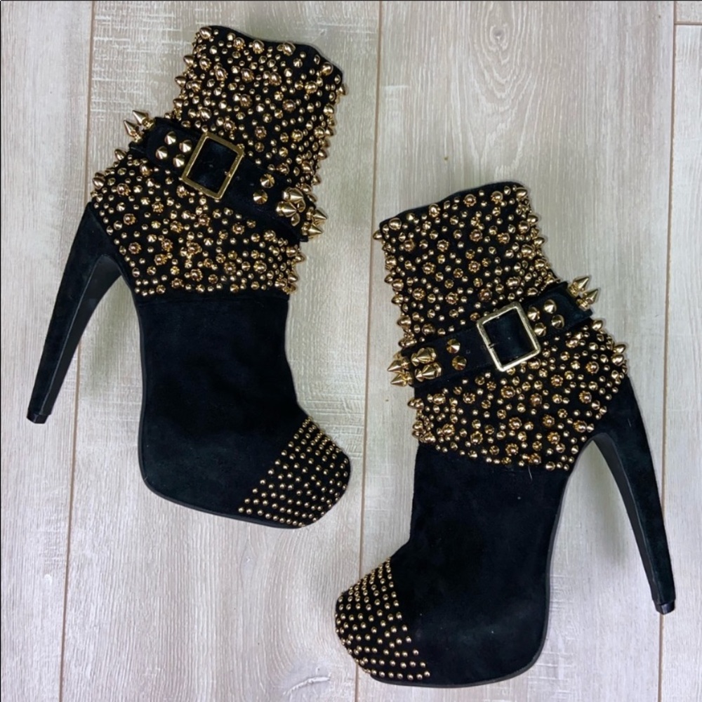 JEFFREY CAMPBELL Black Suede Gold Studded Booties